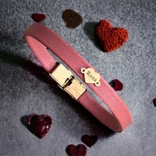 14 Ayar Altın Plakalı Rosa Ismine Özel Açık Kırmızı Derili Kalp Figürlü Hediye BILEKLIK-545ISIM