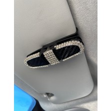 Kristal Tasli Gozluk Kart Tutacagi 2 Klipsli 180 Doner Siyah Gumus