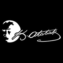 K Ataturk Siluetli Imzali Oto Sticker Beyaz 20X7CM
