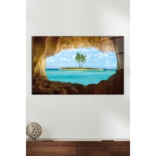 Kaya Arasında Ada Sahil Manzarası Cam Tablo, Modern Ev ve Ofis Dekoru, Hediyelik Duvar Dekorasyonu