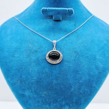 Tesbih Pasajı Zirkon ve Oltu Taşı Işçilikli 925 Ayar Gümüş Kolye