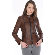 Hakiki Deri Kahverengi Sırt Detaylı Kadın Ceket