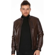 Hakiki Deri Kahverengi Spor Kol Işlemeli Erkek Deri Ceket