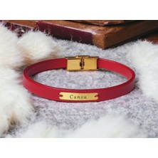 14 Ayar Altın Plakalı Cansu Ismine Özel Dikdörtgen Motifli Kırmızı Derili Hediye BILEKLIK-548ISIM