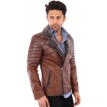 Hakiki Deri Kahverengi Yaka Kürklü Aimone Erkek Deri Ceket