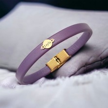 14 Ayar Plakalı Altın Leyla Ismine Özel Yuvarlak Figürlü Doğal Mor Derili Hediye BILEKLIK-546ISIM