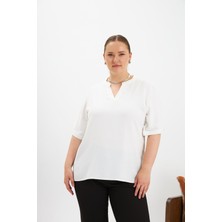 Kol Yırtmaç Detaylı Büyük Beden Bluz Ekru