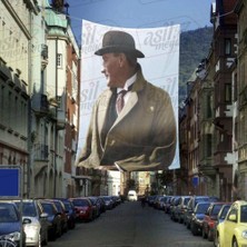 Asilmeydan Şapka- Palto - Modern Sivil Gazi Mustafa Kemal Atatürk - Portre Cephe Poster Bayrak-4x6 Metre