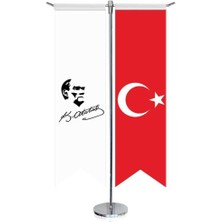Asilmeydan Mustafa Kemal Atatürk Imzalı Silüeti Karakalem ve Türkiye Kırlangıç Saten T Direk Masa Bayrağı 2'li