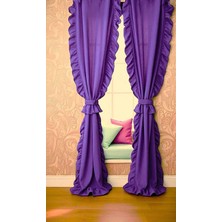 Cift Taraflı Fırfırlı Mor Vintage Pamuk Keten Perde (En x Boy) - Tek Kanat - Pilesiz