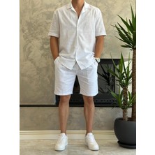 Erkek Rahat Kesim Ham Keten Alt Üst Şort Takım Beyaz ECA020