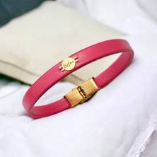 14 Ayar Altın Plakalı Defne Ismine Özel Yuvarlak Motifli Doğal Pembe Derili Hediye BILEKLIK-551ISIM