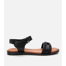 Hotiç Kadın Deri Siyah Hasır Detaylı Düz Sandalet