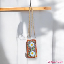 Turuncu Örgü Zincirli Papatya Desenli Telefon ve Gözlük Kılıfı