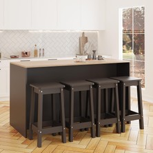 Gustav G4723 4 Adet Bar Tabureli Mutfak Adası Antrasit Tabureli Sepet Antrasit Şaraplık Raflı Dolap