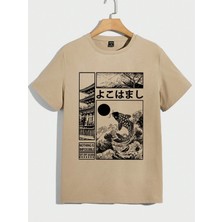 Erkek Bej Bisiklet Yaka Önü Japan Efekt Baskı Detaylı T-Shirt