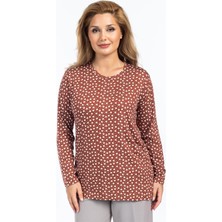 Kadın Yüksek Kalite Yuvarlak Yaka Çiçek Desenli Orta Yaş Anne Penye Bluz 6541