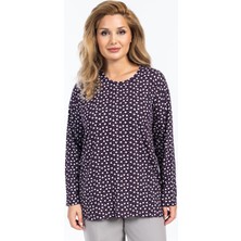 Kadın Yüksek Kalite Yuvarlak Yaka Çiçek Desenli Orta Yaş Anne Penye Bluz 6541