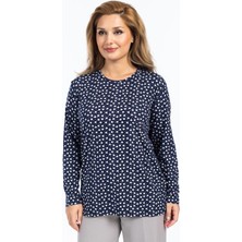 Kadın Yüksek Kalite Yuvarlak Yaka Çiçek Desenli Orta Yaş Anne Penye Bluz 6541