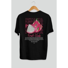Pitaya Arka Baskılı Siyah Oversize T-Shirt Erkek Kadın Pamuk Bisiklet Yaka Tişort