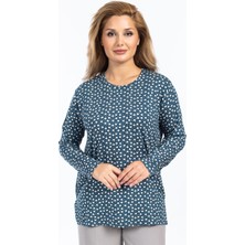 Kadın Yüksek Kalite Yuvarlak Yaka Çiçek Desenli Orta Yaş Anne Penye Bluz 6541