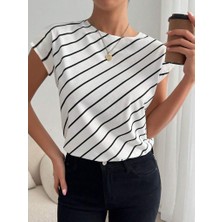 Aydoğan Ticaret44 Kadın Kısa Yarasa Kollu Bisiklet Yaka Çizgi Desenli Atlas Bluz