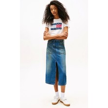 Tommy Jeans Kadın Çiçekli Bayrak Desenli Beyaz T-Shirt DW0DW20897YBL