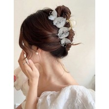 Özel Tasarım Şık Kadın Beyaz Tüllü Taşlı Kelebek Toka 13CM - Büyük Boy Mandallı Saç Topuz Tokası