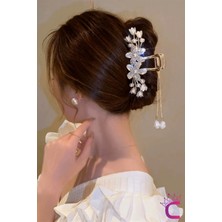 Sallantılı Sedef Çiçekli Incili Taşlı Gold Metal Kadın Mandal Toka 11CM - Mandallı Saç Topuz Tokası