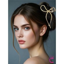 Fiyonk Model Gold Kadın Metal Mandal Toka 11.5cm - Kurdele Fiyonklu Mandallı Saç Topuz Tokası