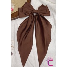 Zarif Kadın Büyük Otomatik Saten Fiyonk Toka Kahverengi - Kurdeleli Fiyonklu Klipsli Saç Tokası