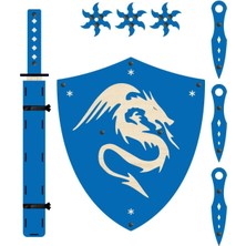 Mavi Ahşap Samuray Seti 4'lü, Kalkan, Katana, Ninja Yıldızı, Fırlatma Bıçağı