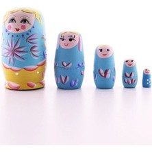Büyük Boy 5'li Mavi Ahşap Iç Içe Matruşka Bebek Seti