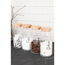 4'lü Ahşap Kapaklı Şeffaf Etiketli Cam Saklama Seti 1300 ml