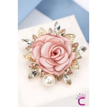Zarif Kristal Taşlı Incili Kumaş Çiçekli Kadın Gül Broş - Hediyelik Düğün Aksesuar Yaka Iğnesi
