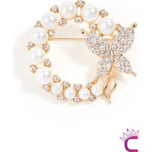 Barok Incili Kristal Taşlı Kelebek Tasarım Kadın Broş - Kelebekli Hediyelik Elbise Yaka Iğnesi Broş