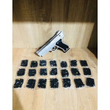 Gümüş Renk Boncuklu Oyuncak Tabanca Oyuncak Silah Boncuk Atan 1 Adet + 21 Paket Boncuk