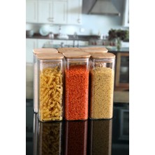 6'lı 1000 ml Kare Bambu Kapaklı Lüks Vakumlu Baharatlık Seti