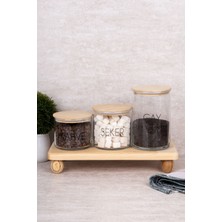 3'lü Bambu Kapaklı Cam Saklama Kabı Seti, Stantlı, Etiketli, 3 Boy