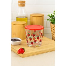 Kırmızı Çilek Desenli Taş Işlemeli Kapaklı Kavanoz