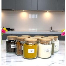 9'lu Ahşap Bambu Cam Baharat Seti, 300 Ml, Etiket ve Kaşık Hediye
