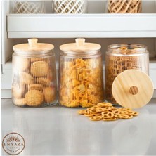 3’lü Bambu Kapaklı Çizgili Cam Saklama Kavanozu 1300 ml Beyaz