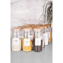 12LI 1300ML Vakumlu Ahşap Kapaklı Cam Saklama Seti, Etiket Dahil