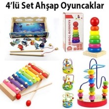 Eğitici Ahşap Oyun Seti, Mini Labirent, Helazon, Balık Tutma, Kule, Selefon, 4'ü Birlikte