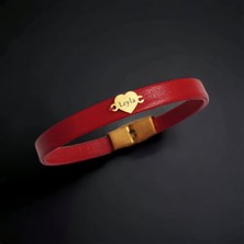 14 Ayar Altın Plakalı Leyla Ismine Özel Kalp Motifli Doğal Kırmızı Derili Hediye BILEKLIK-541ISIM