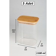 Borosilikat Cam Kavanoz, Vakumlu, Bambu Kapak, 1100 Ml, Etiketli, Kahverengi (5 Adet)