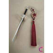 Sallantılı Bordo Püsküllü Kılıç Tasarım Metal Saç Topuz Tokası 20CM - Gümüş Vintage Çubuk Topuz Toka