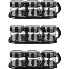 Siyah 3'lü Standlı Kapaklı Cam Baharatlık Takımı, Hava Sızdırmaz, Pratik Kullanım