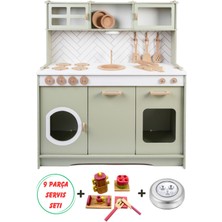 Yeşil Ahşap Mutfak Seti 9 Parça, LED Hediye ve Pasta Takımı ile Hediye Seti