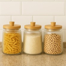 3'lü Bambu Kapaklı Yivli Kavanoz Seti 1300 Ml, Şeffaf, Şık ve Kullanışlı.